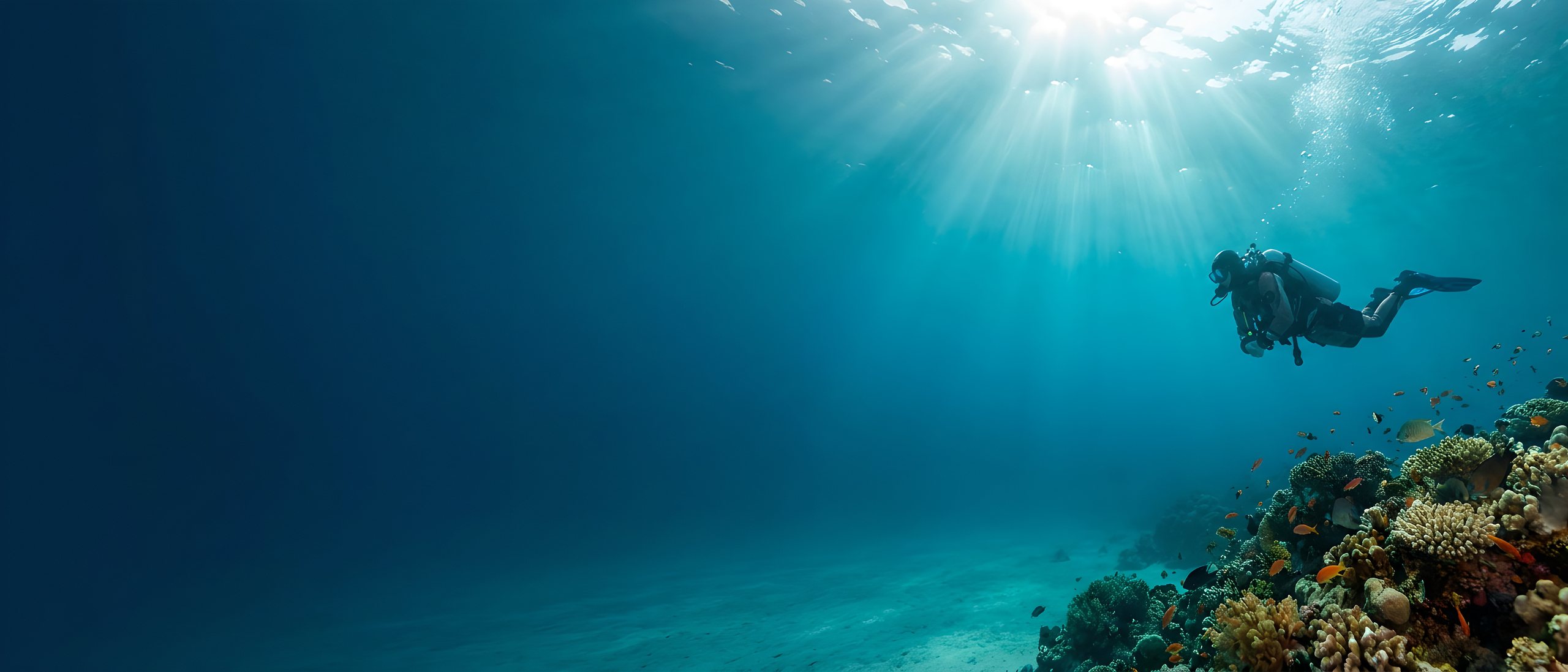A diver gliding through sunlit water over a reef
