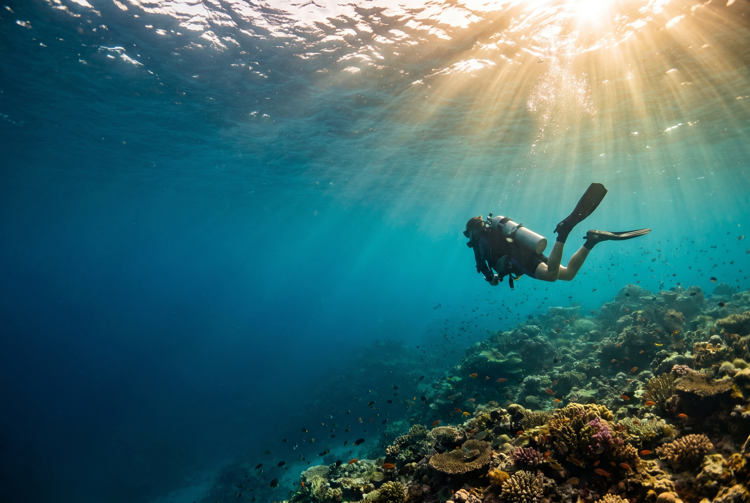 A diver gliding through sunlit water over a reef
